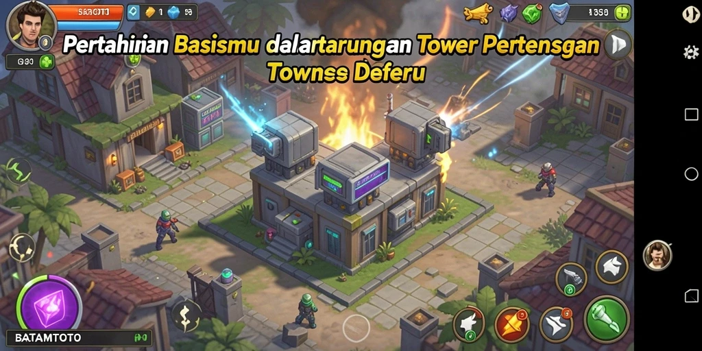 Screenshot menampilkan aksi menara dalam gameplay Tower Defense yang mendebarkan.