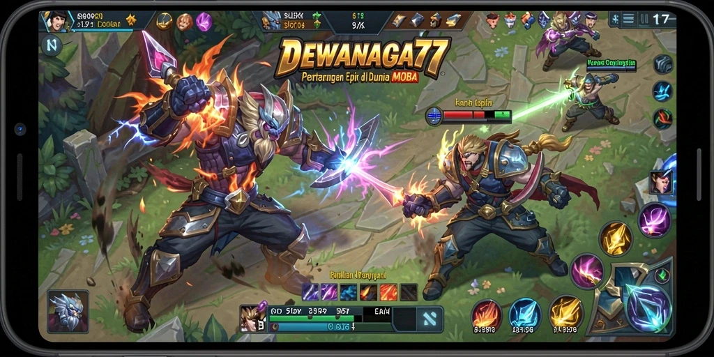 Screenshot gameplay <strong>DEWANAGA77</strong> dengan aksi pertarungan MOBA yang menegangkan.
