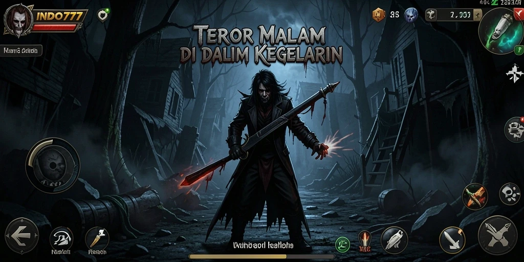 Tampilan gameplay menegangkan dalam suasana kegelapan mencekam.