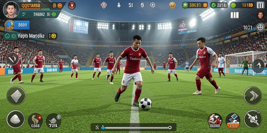 Screenshot gameplay <strong>QQSTAR88</strong> menunjukkan aksi sepak bola yang seru dan mendebarkan.